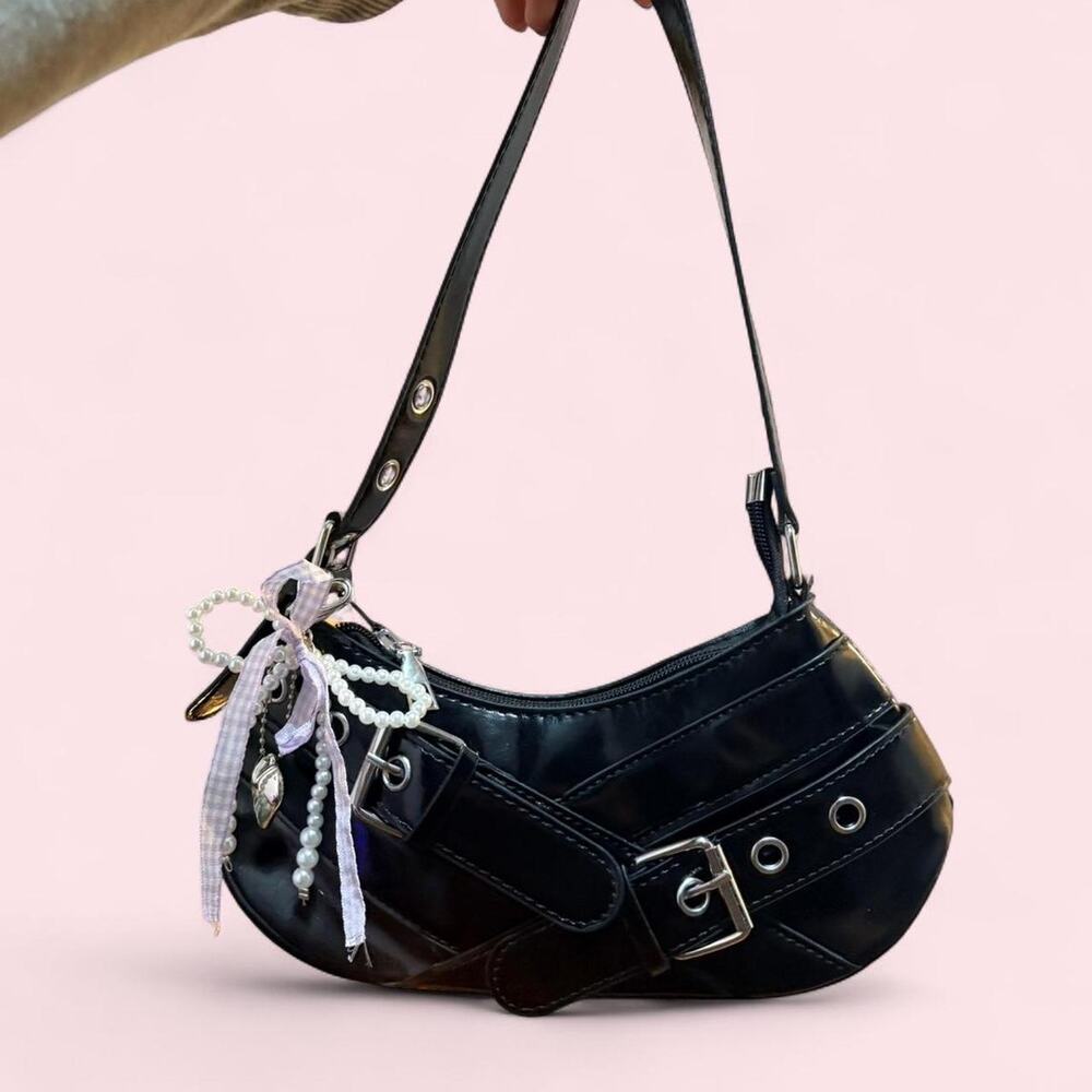 Black pleather handbag with pearl trinket shoulder bag chic clean girl goth y2k